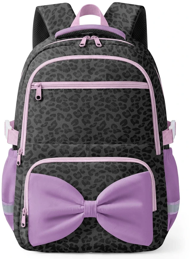 Main image of Printed Backpack for Adult Women with Bow | Water-Resistant Printed school bag, Spacious Storage for Elementary and Middle School StudentsBlack Leopard