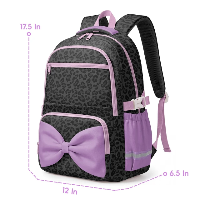 Alt view image 2 of 6 - Printed Backpack for Adult Women with Bow | Water-Resistant Printed school bag, Spacious Storage for Elementary and Middle School StudentsBlack Leopard