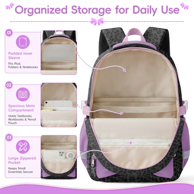 Alt view image 4 of 6 - Printed Backpack for Adult Women with Bow | Water-Resistant Printed school bag, Spacious Storage for Elementary and Middle School StudentsBlack Leopard