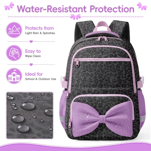 Alt view image 3 of 6 - Printed Backpack for Adult Women with Bow | Water-Resistant Printed school bag, Spacious Storage for Elementary and Middle School StudentsBlack Leopard