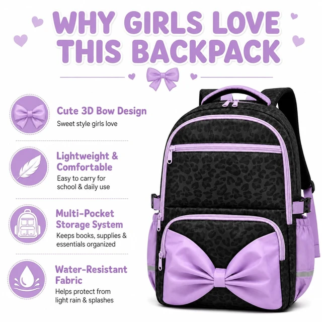 Alt view image 6 of 6 - Printed Backpack for Adult Women with Bow | Water-Resistant Printed school bag, Spacious Storage for Elementary and Middle School StudentsBlack Leopard