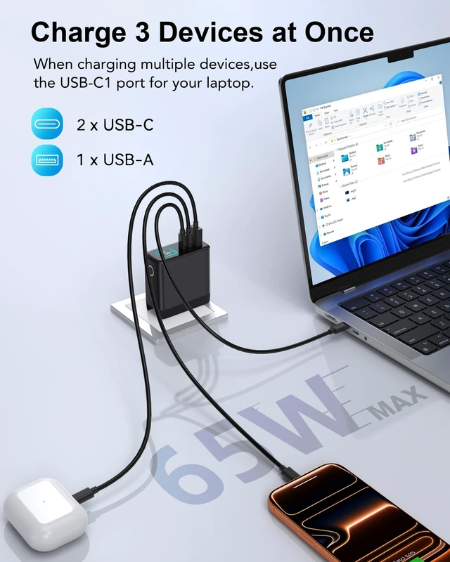 Alt view image 3 of 6 - 65W USB C Charger Block,3-Port GaN III Fast Charging Block with Foldable Plug with Screen, Portable Fast Power Adapter for Mac Book Pro/Air,iPhone 17/16/15/14 Series,iPad,Galaxy,AirPods(1Pack)