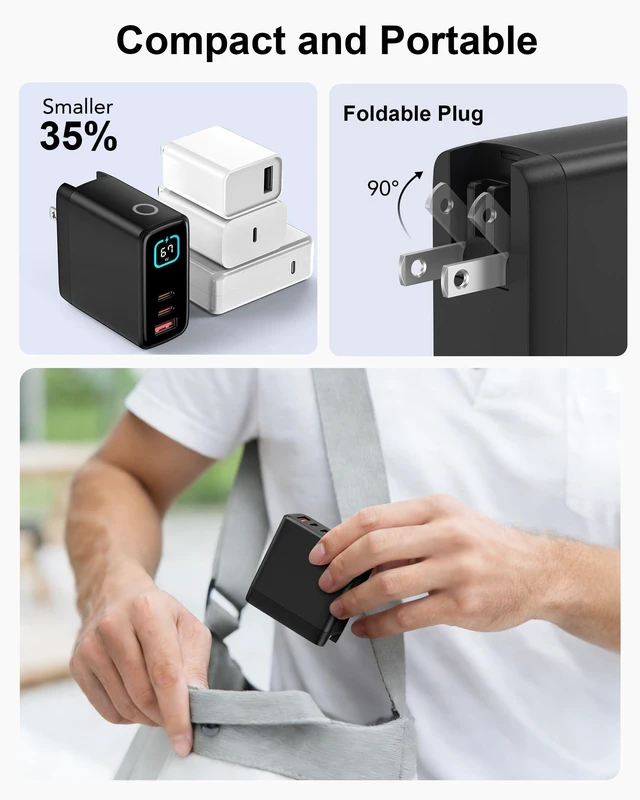 Alt view image 6 of 6 - 65W USB C Charger Block,3-Port GaN III Fast Charging Block with Foldable Plug with Screen, Portable Fast Power Adapter for Mac Book Pro/Air,iPhone 17/16/15/14 Series,iPad,Galaxy,AirPods(1Pack)