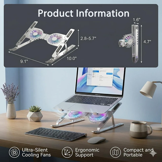 Alt view image 6 of 6 - Laptop Cooling Stand with Dual RGB Fans, 7-Level Adjustable Height, Aluminum Ergonomic Laptop Cooler for 11-17'' Notebook (Silver)