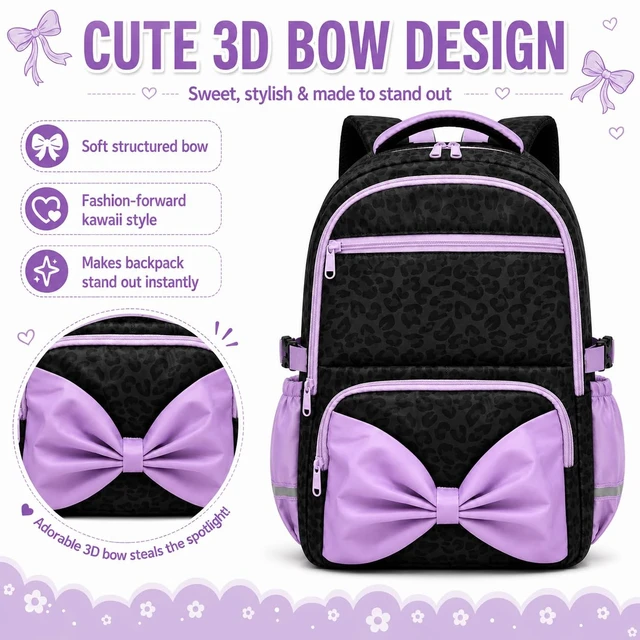Alt view image 5 of 6 - Printed Backpack for Adult Women with Bow | Water-Resistant Printed school bag, Spacious Storage for Elementary and Middle School StudentsBlack Leopard