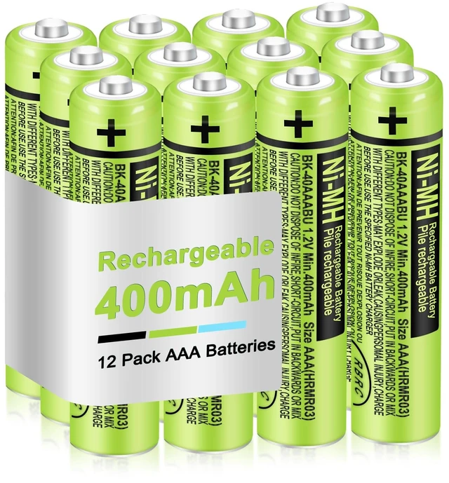 Main image of 12-Pack 1.2V AAA 400mAh Ni-MH BK-40AAABU Triple A Rechargeable Batteries | Great replacement power for Panasonic cordless phones, landlines & remotes. Reusable up to 2500 times