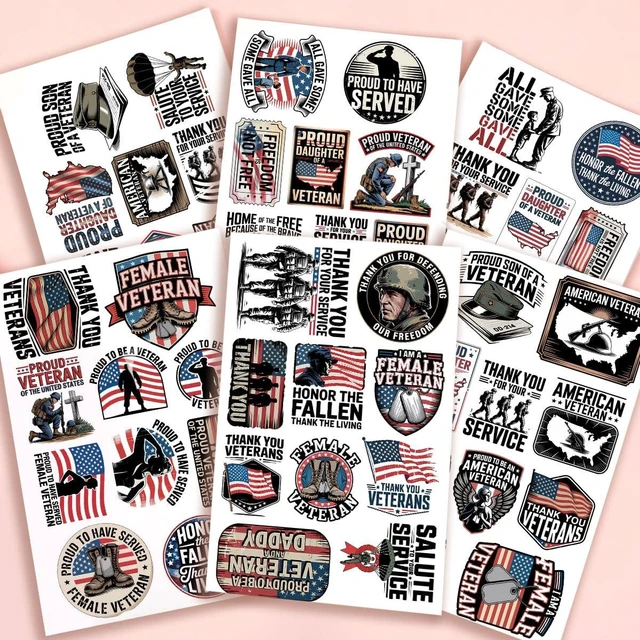 Alt view image 2 of 7 - (1.5-2 Inch) 60Pcs Veteran Stickers, Patriotic USA Flag Military Decals | USA Army Navy Air Force Waterproof Vinyl Sticker Pack for Laptop Water Bottle Phone Car Gifts