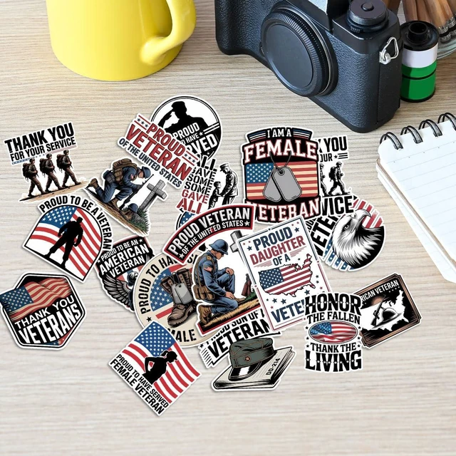 Alt view image 7 of 7 - (1.5-2 Inch) 60Pcs Veteran Stickers, Patriotic USA Flag Military Decals | USA Army Navy Air Force Waterproof Vinyl Sticker Pack for Laptop Water Bottle Phone Car Gifts