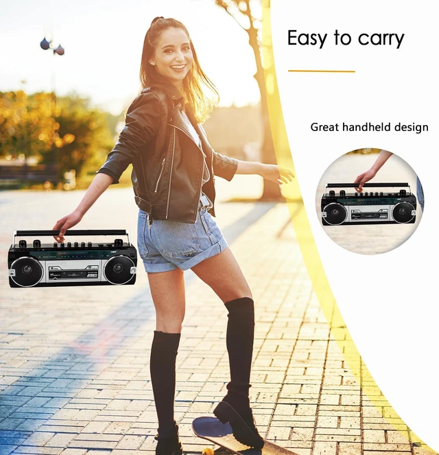 Alt view image 2 of 6 - Retro Boombox, Radio Cassette Player Recorder, FM Radio, Headphone Jack, USB/Micro SD Slots, Convert Cassettes to USB/SD, Classic 80s Style Retro, Built-in Microphone