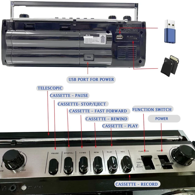 Alt view image 6 of 6 - Retro Boombox, Radio Cassette Player Recorder, FM Radio, Headphone Jack, USB/Micro SD Slots, Convert Cassettes to USB/SD, Classic 80s Style Retro, Built-in Microphone