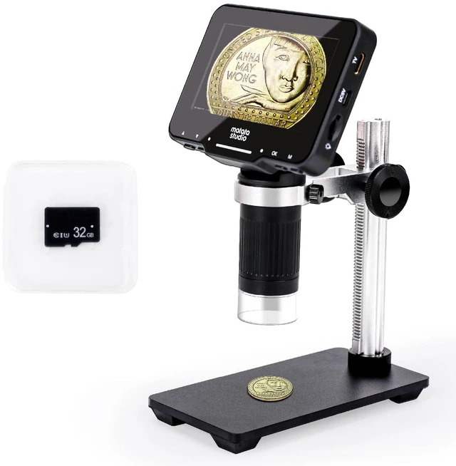 Main image of M2B 1000X Digital Microscope, 4.3" LCD, HDMI Output, 32GB SD | 1080P Coin Magnifier with 8 LED Lights, Photo & Video, Adjustable Metal Stand, HDMI for Large TV Viewing