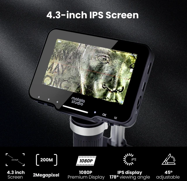 Alt view image 2 of 7 - M2B 1000X Digital Microscope, 4.3" LCD, HDMI Output, 32GB SD | 1080P Coin Magnifier with 8 LED Lights, Photo & Video, Adjustable Metal Stand, HDMI for Large TV Viewing