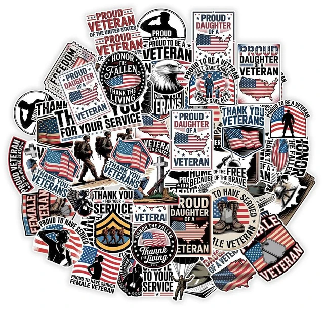 Main image of (1.5-2 Inch) 60Pcs Veteran Stickers, Patriotic USA Flag Military Decals | USA Army Navy Air Force Waterproof Vinyl Sticker Pack for Laptop Water Bottle Phone Car Gifts