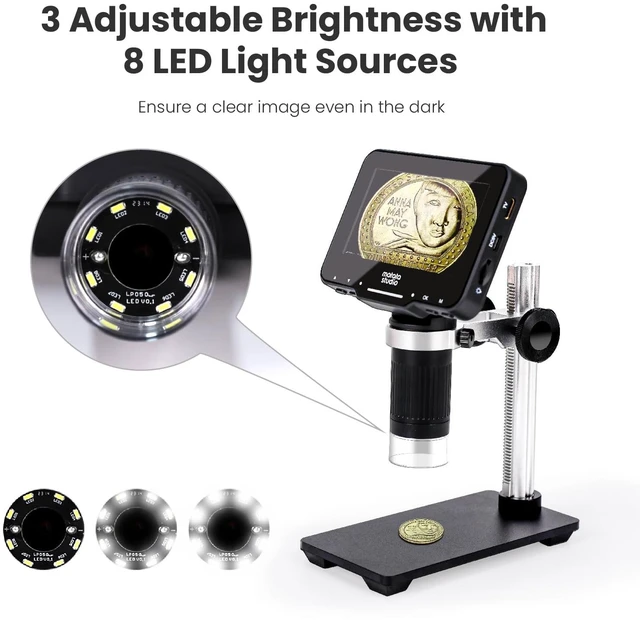 Alt view image 4 of 7 - M2B 1000X Digital Microscope, 4.3" LCD, HDMI Output, 32GB SD | 1080P Coin Magnifier with 8 LED Lights, Photo & Video, Adjustable Metal Stand, HDMI for Large TV Viewing