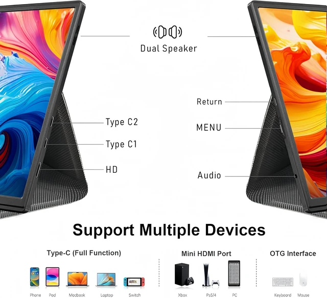 Alt view image 5 of 6 - 10.5" Portable Monitor 1920x1280 IPS Screen, 420 nits Brightness USB C Portable Gaming Monitor for Laptop PC Phone Mac Steam Deck, with Smart Cover & Speakers, Travel Second Screen for Work
