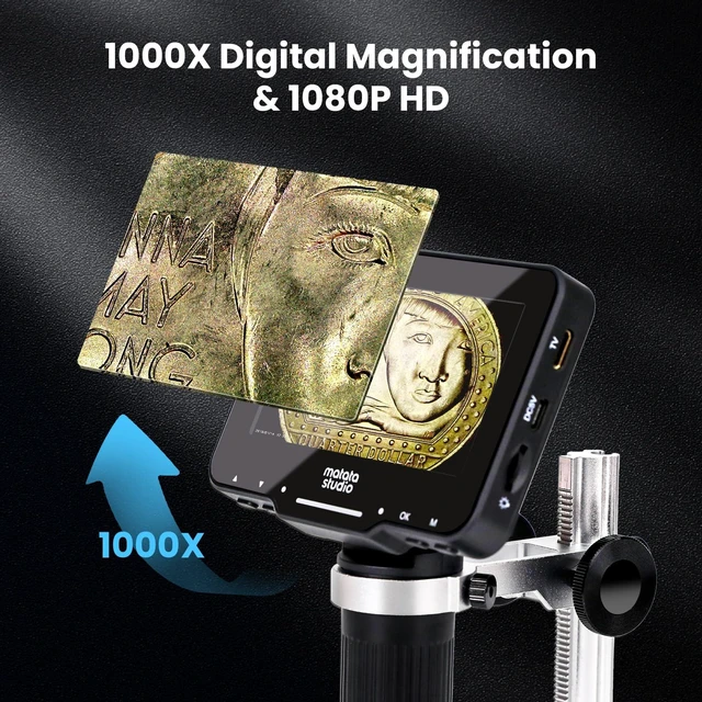 Alt view image 3 of 7 - M2B 1000X Digital Microscope, 4.3" LCD, HDMI Output, 32GB SD | 1080P Coin Magnifier with 8 LED Lights, Photo & Video, Adjustable Metal Stand, HDMI for Large TV Viewing