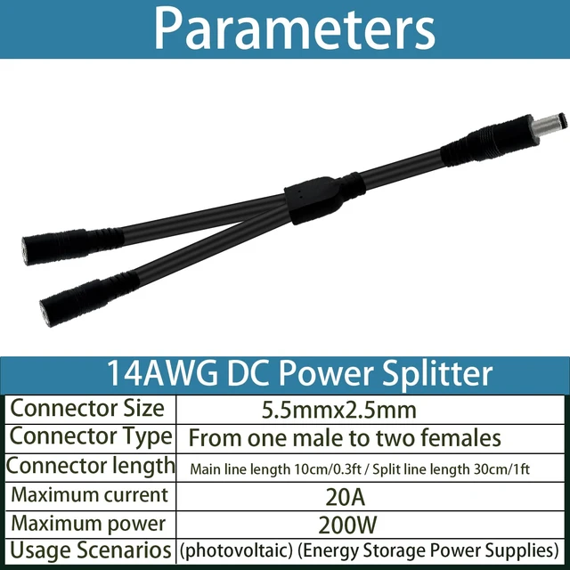 Alt view image 4 of 7 - 1.3FT 5.5mm×2.5mm14AWG Heavy-Duty DC Power Splitter 1 Male to 2 Female 2pcs | for Solar Panels, Energy Storage Systems, Outdoor Power Supplies, and LED Strip Lights