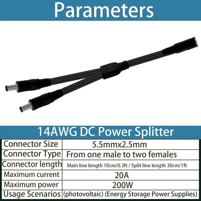 Alt view image 4 of 7 - 1.3FT 5.5mm×2.5mm14AWG Heavy-Duty DC Power Splitter 1 Female to 2 Male 2pcs | for Solar Panels, Energy Storage Systems, Outdoor Power Supplies, and LED Strip Lights