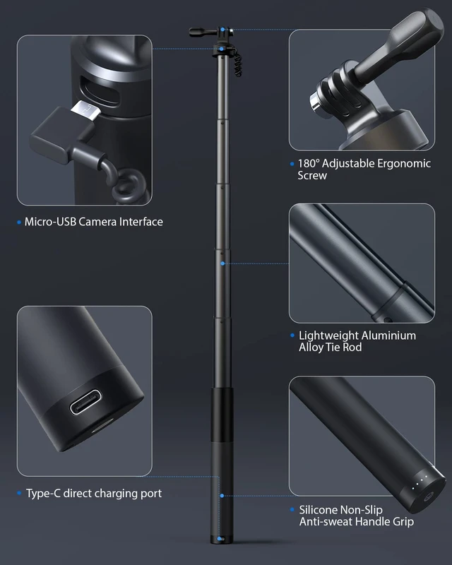 Alt view image 6 of 7 - GB2200 Rechargeable Selfie Stick with 2600mAh Rechargeable Battery, Selfie Stick Black Rotation Action Camera, Compatible with Other Action Cameras and Travel(24-60CM)