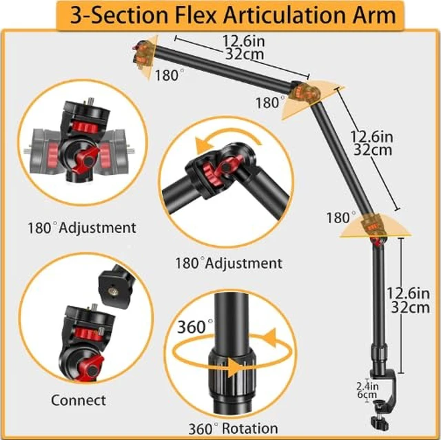 Alt view image 5 of 7 - 37" Overhead 3-Section Flex Cantilever Articulating Boom Arm with Desk/Tube C Clamp and Universal Phone Mount 1/4" 3/8" & 5/8" Screw Mount for DSLR Camera, Microphone, Light & Webcam