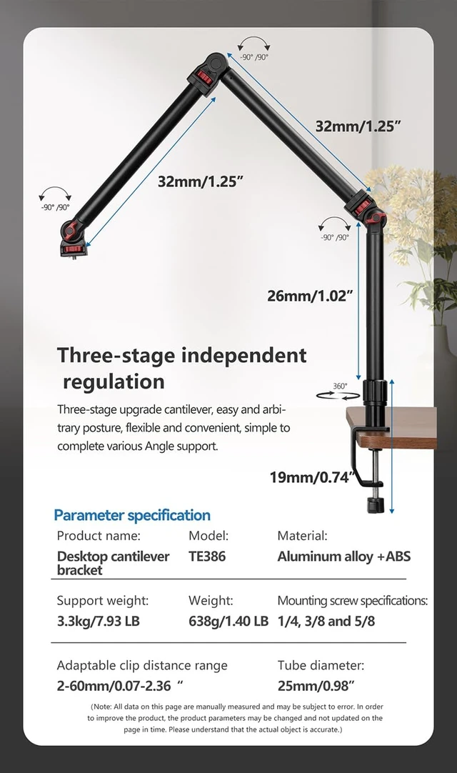 Alt view image 7 of 7 - 37" Overhead 3-Section Flex Cantilever Articulating Boom Arm with Desk/Tube C Clamp and Universal Phone Mount 1/4" 3/8" & 5/8" Screw Mount for DSLR Camera, Microphone, Light & Webcam