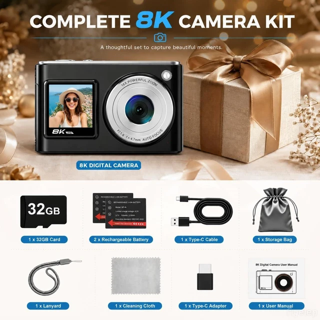Alt view image 5 of 5 - 8K Digital Camera, Dual Screens, WiFi, 16X Zoom, Autofocus, Anti-Shake. Compact Point & Shoot for Travel, Selfies & Vlogging. for Kids, Teens & Beginners. Includes 32GB Card & 2 Batteries