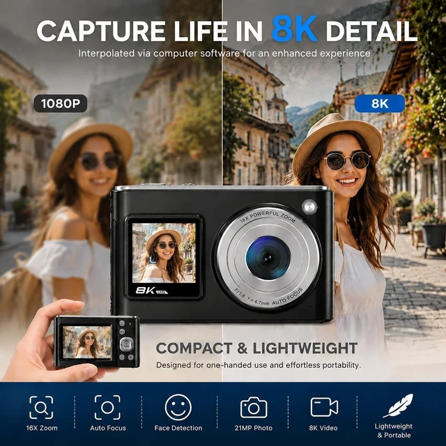 Alt view image 2 of 5 - 8K Digital Camera, Dual Screens, WiFi, 16X Zoom, Autofocus, Anti-Shake. Compact Point & Shoot for Travel, Selfies & Vlogging. for Kids, Teens & Beginners. Includes 32GB Card & 2 Batteries