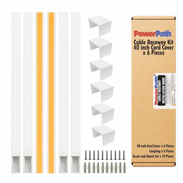 Main image of Cord Hider Wall 19.7ft, 6 Pack 236in Cable Raceway, Paintable, Connectors | Hides TV, computer and speaker wires on wall or baseboard. Screws, anchors included. Snapopen lid, cuttable