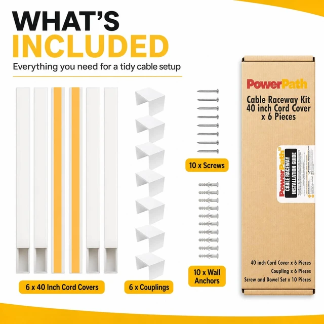 Alt view image 3 of 6 - Cord Hider Wall 19.7ft, 6 Pack 236in Cable Raceway, Paintable, Connectors | Hides TV, computer and speaker wires on wall or baseboard. Screws, anchors included. Snapopen lid, cuttable