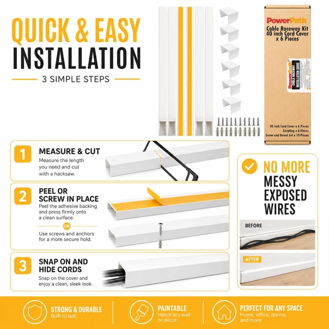 Alt view image 4 of 6 - Cord Hider Wall 19.7ft, 6 Pack 236in Cable Raceway, Paintable, Connectors | Hides TV, computer and speaker wires on wall or baseboard. Screws, anchors included. Snapopen lid, cuttable