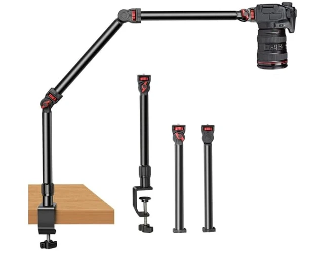 Alt view image 2 of 7 - 37" Overhead 3-Section Flex Cantilever Articulating Boom Arm with Desk/Tube C Clamp and Universal Phone Mount 1/4" 3/8" & 5/8" Screw Mount for DSLR Camera, Microphone, Light & Webcam