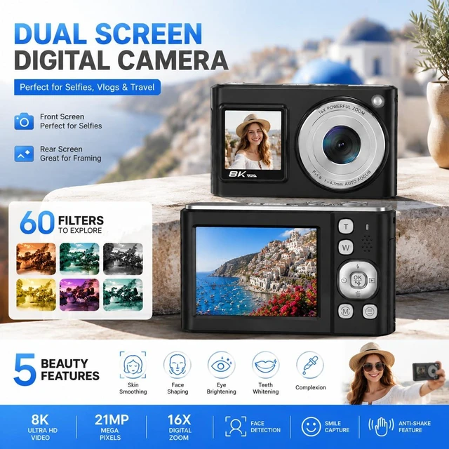 Alt view image 3 of 5 - 8K Digital Camera, Dual Screens, WiFi, 16X Zoom, Autofocus, Anti-Shake. Compact Point & Shoot for Travel, Selfies & Vlogging. for Kids, Teens & Beginners. Includes 32GB Card & 2 Batteries