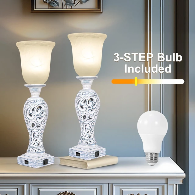 Alt view image 2 of 7 - 20" Vintage Table Lamps Set of 2 for Living Room, 3-Way Dimmable LED Bulb 2 USB Ports, Uplight, White Alabaster Glass Shade, Rustic Farmhouse Nightstand Light for Bedroom End Table Entryway or Office
