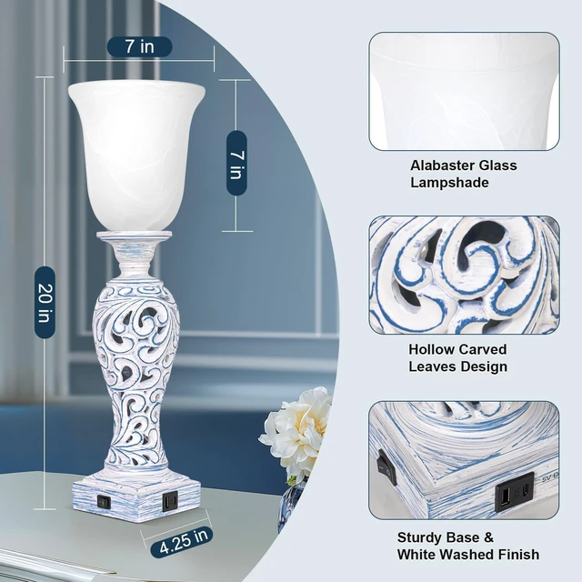 Alt view image 3 of 7 - 20" Vintage Table Lamps Set of 2 for Living Room, 3-Way Dimmable LED Bulb 2 USB Ports, Uplight, White Alabaster Glass Shade, Rustic Farmhouse Nightstand Light for Bedroom End Table Entryway or Office