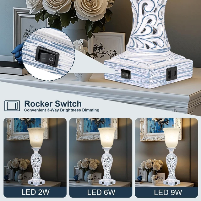 Alt view image 4 of 7 - 20" Vintage Table Lamps Set of 2 for Living Room, 3-Way Dimmable LED Bulb 2 USB Ports, Uplight, White Alabaster Glass Shade, Rustic Farmhouse Nightstand Light for Bedroom End Table Entryway or Office