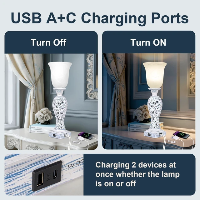 Alt view image 5 of 7 - 20" Vintage Table Lamps Set of 2 for Living Room, 3-Way Dimmable LED Bulb 2 USB Ports, Uplight, White Alabaster Glass Shade, Rustic Farmhouse Nightstand Light for Bedroom End Table Entryway or Office