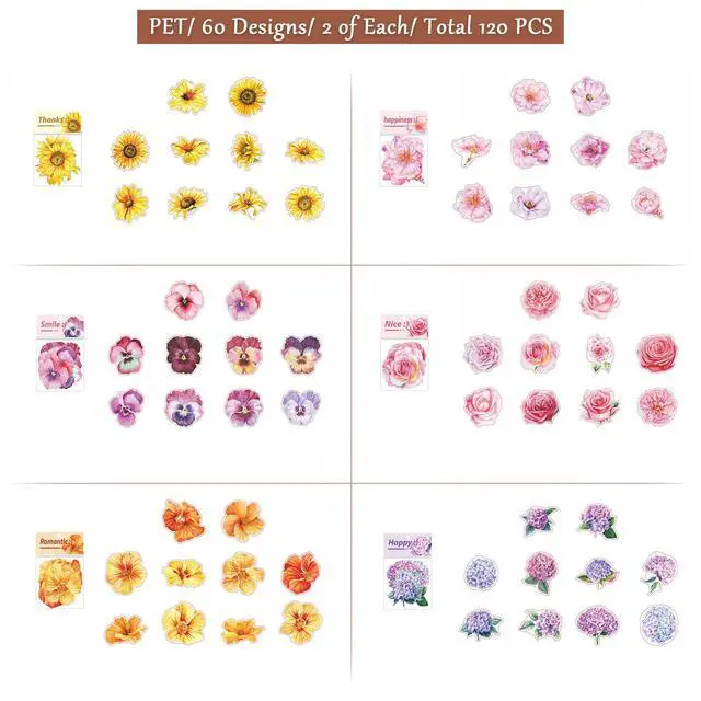 Alt view image 3 of 6 - 120pcs Large Waterproof Transparent Flower Stickers | Floral decals for scrapbooking, junk journaling, water bottle, card making, gift decor & DIY crafts