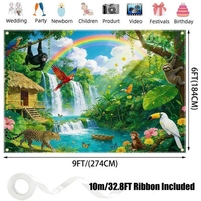 Alt view image 3 of 6 - Rainforest Backdrop 9x6FT with Ribbon for Classroom Party Decor | Polyester, 9x6FT, Jungle Waterfall, 4 Brass Grommets, Vacation Bible School, Photo Booth, VBS Rainforest Backdrop