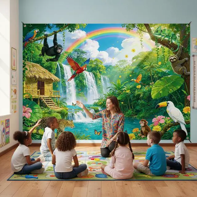 Alt view image 4 of 6 - Rainforest Backdrop 9x6FT with Ribbon for Classroom Party Decor | Polyester, 9x6FT, Jungle Waterfall, 4 Brass Grommets, Vacation Bible School, Photo Booth, VBS Rainforest Backdrop
