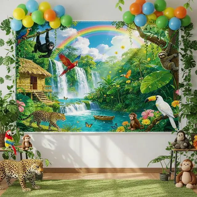 Alt view image 5 of 6 - Rainforest Backdrop 9x6FT with Ribbon for Classroom Party Decor | Polyester, 9x6FT, Jungle Waterfall, 4 Brass Grommets, Vacation Bible School, Photo Booth, VBS Rainforest Backdrop