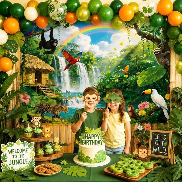Alt view image 6 of 6 - Rainforest Backdrop 9x6FT with Ribbon for Classroom Party Decor | Polyester, 9x6FT, Jungle Waterfall, 4 Brass Grommets, Vacation Bible School, Photo Booth, VBS Rainforest Backdrop