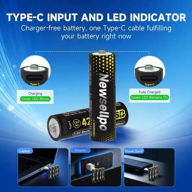 Alt view image 2 of 6 - 4200mWh Rechargeable Lithium AA Batteries 4 Pack with Charging Cable, 1.5V High Capacity USB-C Double A Li-ion Battery for Blink Outdoor Camera, Remote Controls, Flashlights, Toys