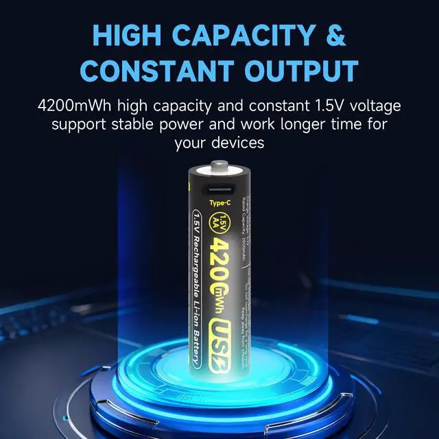 Alt view image 3 of 6 - 4200mWh Rechargeable Lithium AA Batteries 4 Pack with Charging Cable, 1.5V High Capacity USB-C Double A Li-ion Battery for Blink Outdoor Camera, Remote Controls, Flashlights, Toys