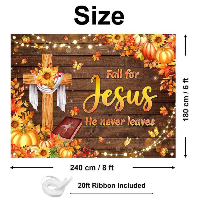 Alt view image 2 of 6 - Fall for Jesus He Never Leaves Banner Thanksgiving Day Backdrop | 8x6ft, Polyester Fabric, Religious Thanksgiving Decorations for Church, Christian Cross Decor, Photo Booth Props