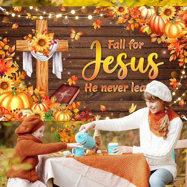 Alt view image 3 of 6 - Fall for Jesus He Never Leaves Banner Thanksgiving Day Backdrop | 8x6ft, Polyester Fabric, Religious Thanksgiving Decorations for Church, Christian Cross Decor, Photo Booth Props