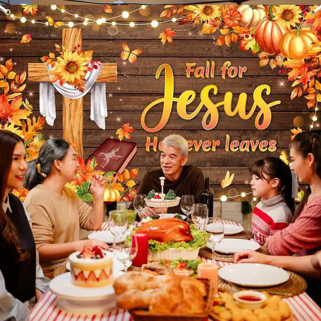Alt view image 4 of 6 - Fall for Jesus He Never Leaves Banner Thanksgiving Day Backdrop | 8x6ft, Polyester Fabric, Religious Thanksgiving Decorations for Church, Christian Cross Decor, Photo Booth Props