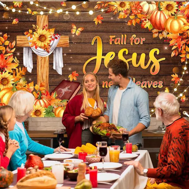 Alt view image 5 of 6 - Fall for Jesus He Never Leaves Banner Thanksgiving Day Backdrop | 8x6ft, Polyester Fabric, Religious Thanksgiving Decorations for Church, Christian Cross Decor, Photo Booth Props