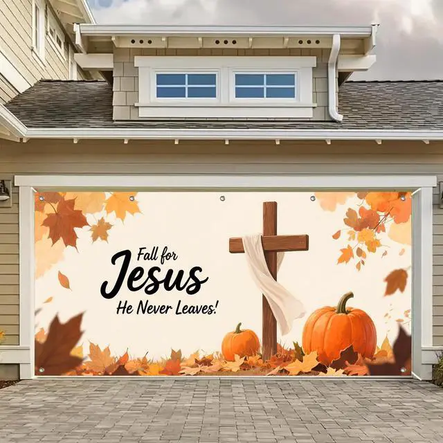 Main image of 13x6ft Christian Cross Faith Autumn Garage Door Banner | Polyester fabric, Realistic wood cross artwork, Religious mural for church grounds and residential lawns