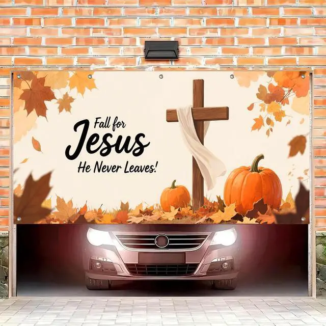 Alt view image 2 of 6 - 13x6ft Christian Cross Faith Autumn Garage Door Banner | Polyester fabric, Realistic wood cross artwork, Religious mural for church grounds and residential lawns