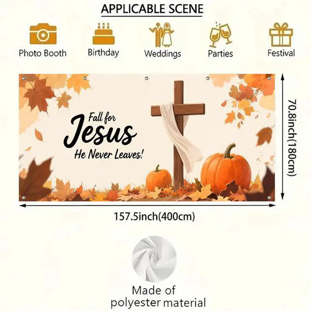 Alt view image 3 of 6 - 13x6ft Christian Cross Faith Autumn Garage Door Banner | Polyester fabric, Realistic wood cross artwork, Religious mural for church grounds and residential lawns